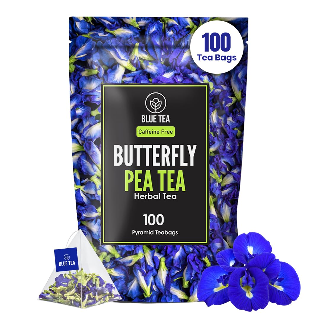 BLUE TEA - Butterfly Pea Flower Tea - 100 Count - Pyramid Plant Based Tea Bag | Black Deals Friday 2025 | ANTIOXIDANT RICH | Tea Gift - Herbal Tea - Flower Based - Caffeine Free - Non-Bitter | Zipper Pack