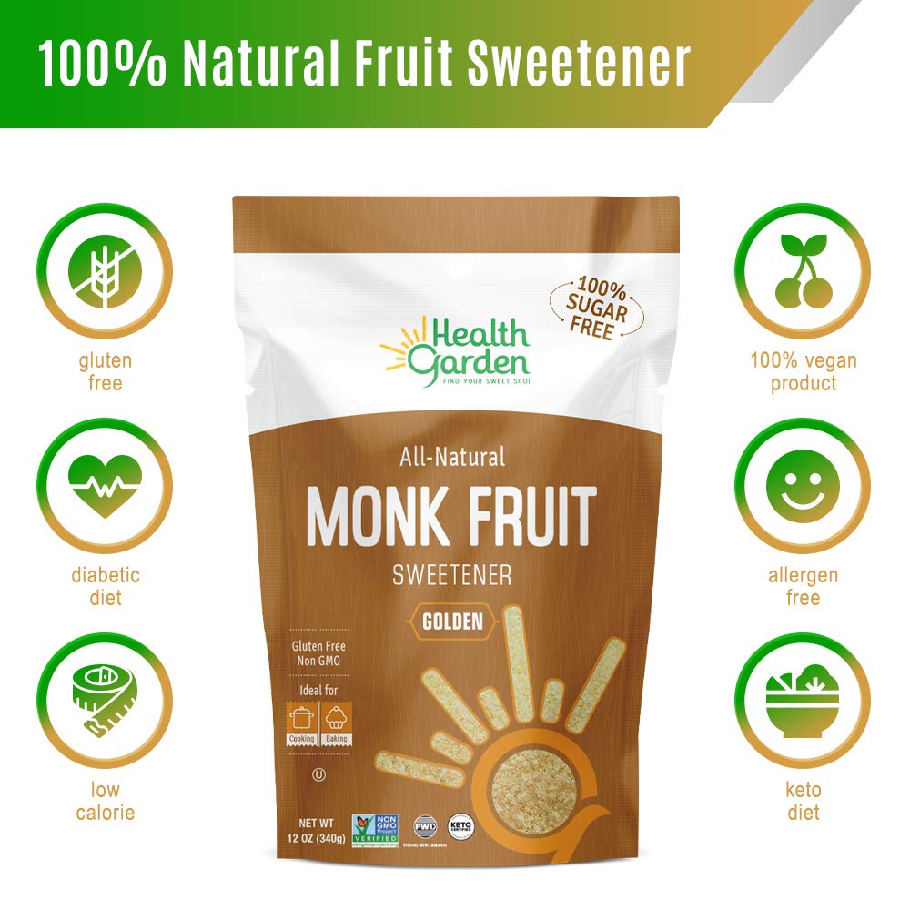 Health Garden Monk Fruit Sweetener, Golden- Non Gmo - Gluten Free - Sugar Substitute - Kosher - Keto Friendly (1 Lb)