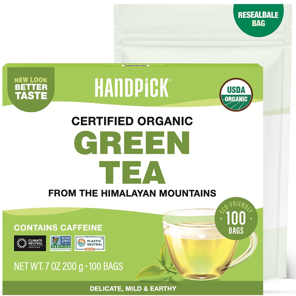 HANDPICK Organic Green Tea Bags - 100 Count - Eco-friendly Resealable Bag - Direct from India