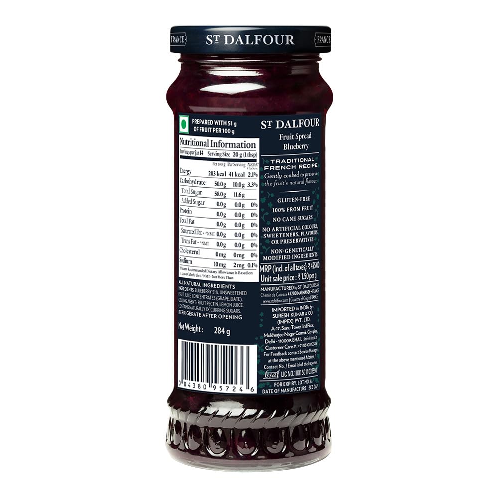 St Dalfour Blueberry Fruit Spread 284 g | No Added Sugar | 100% from Fruit | No Added Preservatives, Colours, Flavors or Sweeten