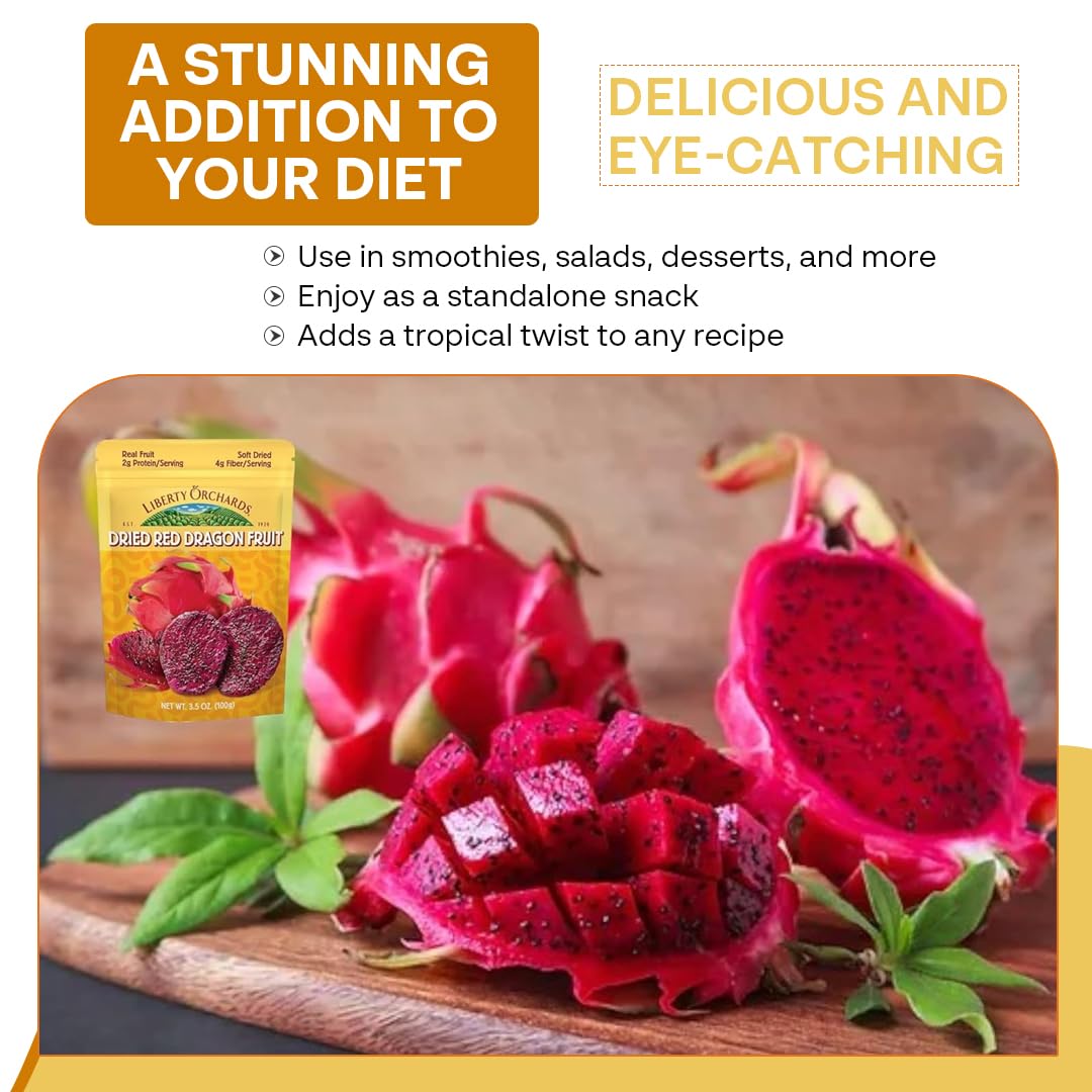 Liberty Orchard Organic Dried Red Dragon Fruit With Fiber- Ideal For Recipes Or A Nutritious Fruit For Busy Lifestyle- Nutrient-