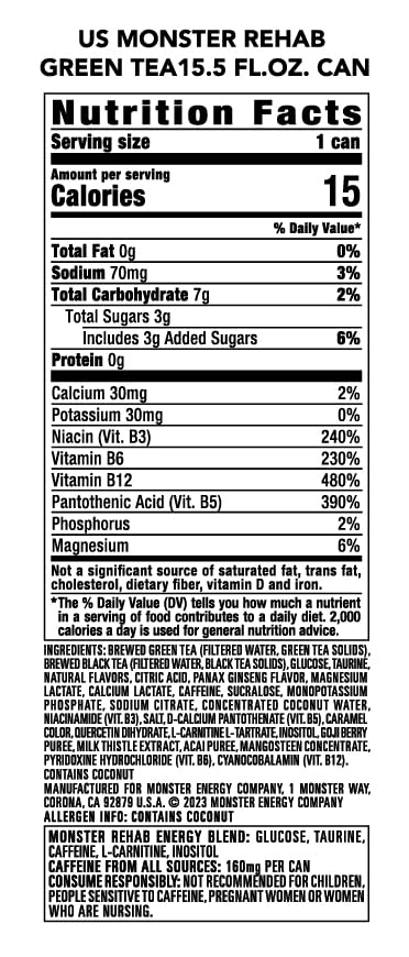 Monster Energy Rehab Iced Tea - Green Tea + Energy, 15.5 Oz, Pack of 15
