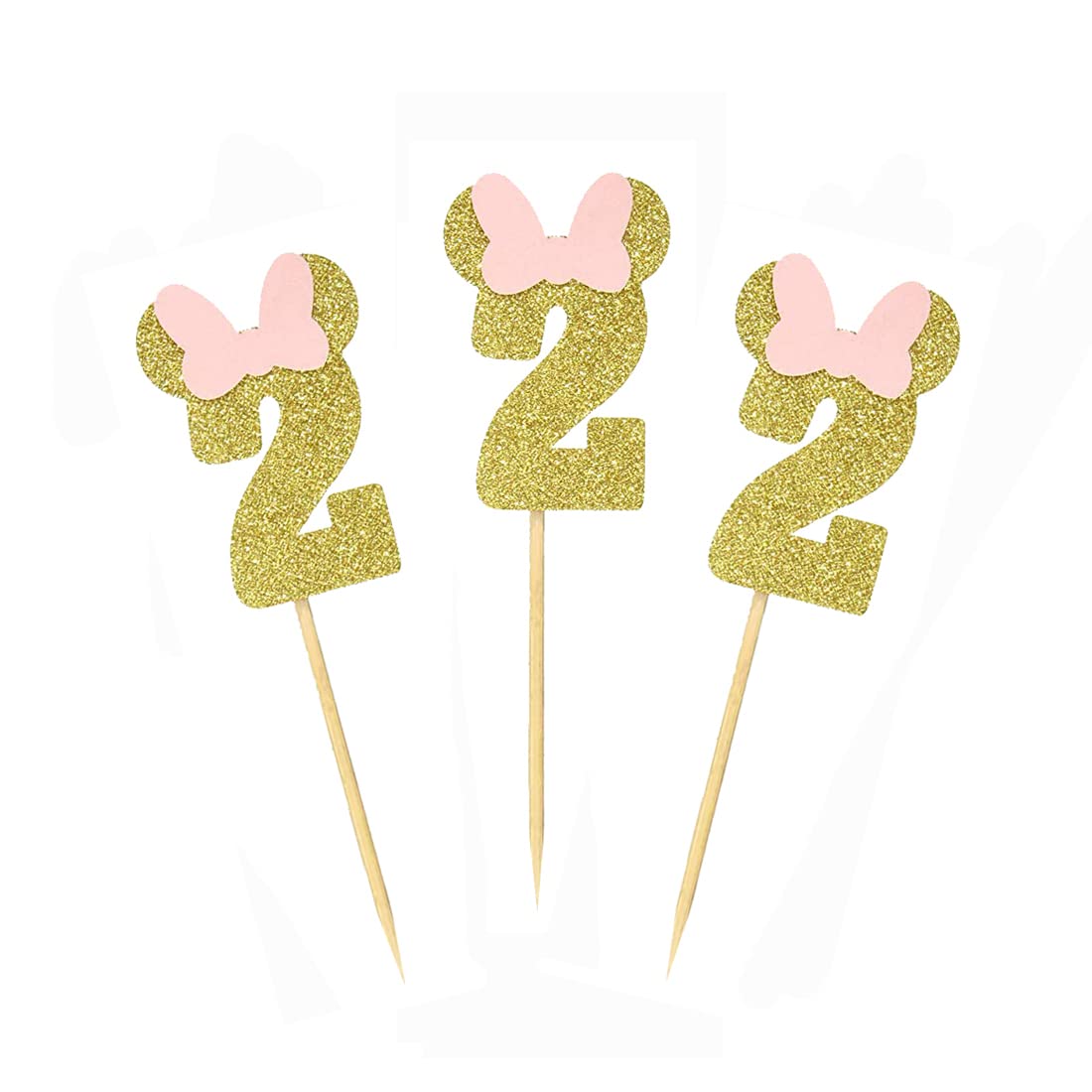 Morndew 24 Pcs Gold Pink Glitter Number 2 Cupcake Toppers For Baby Girl Second Birthday Party Wedding Party Decorations
