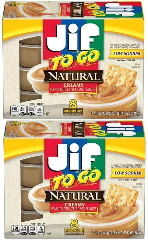 (Pack of 2) To Go Natural Creamy Peanut Butter Spread, 8-1.5 Ounce Cups Snack Size Packs Singles