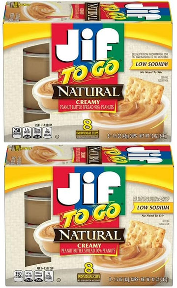 (Pack of 2) To Go Natural Creamy Peanut Butter Spread, 8-1.5 Ounce Cups Snack Size Packs Singles