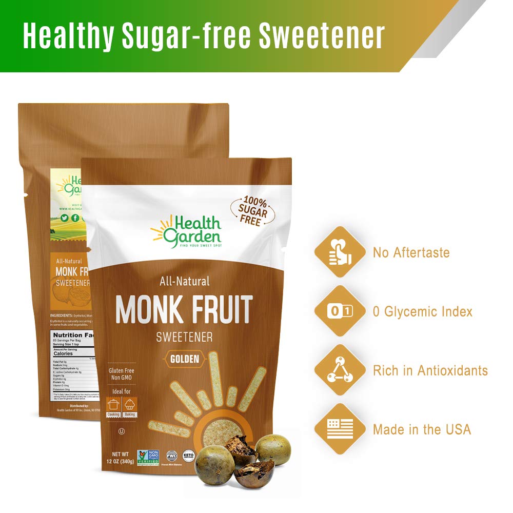 Health Garden Monk Fruit Sweetener, Golden- Non Gmo - Gluten Free - Sugar Substitute - Kosher - Keto Friendly (1 Lb)