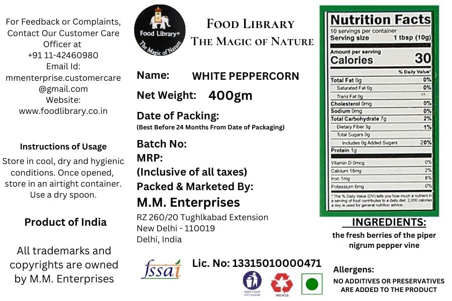 Food Library Whole White Peppercorn (Sabut Safed Mirch) (400Gm)
