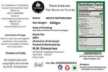 Food Library Whole White Peppercorn (Sabut Safed Mirch) (400Gm)
