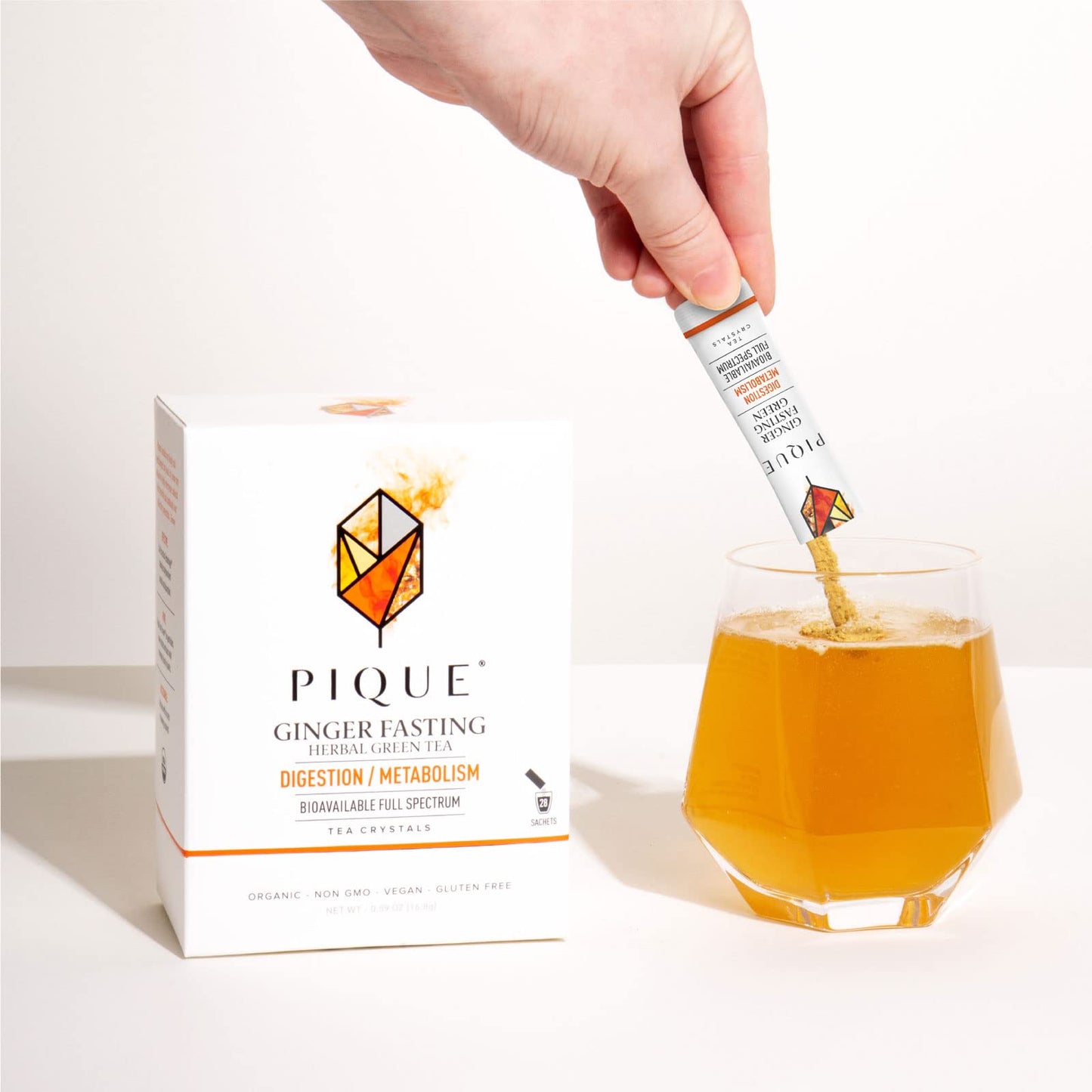 PIQUE Organic Ginger Fasting Tea Crystals - Digestive Support, 28 Single Serve Sticks, Caffeinated Green Tea for Energy