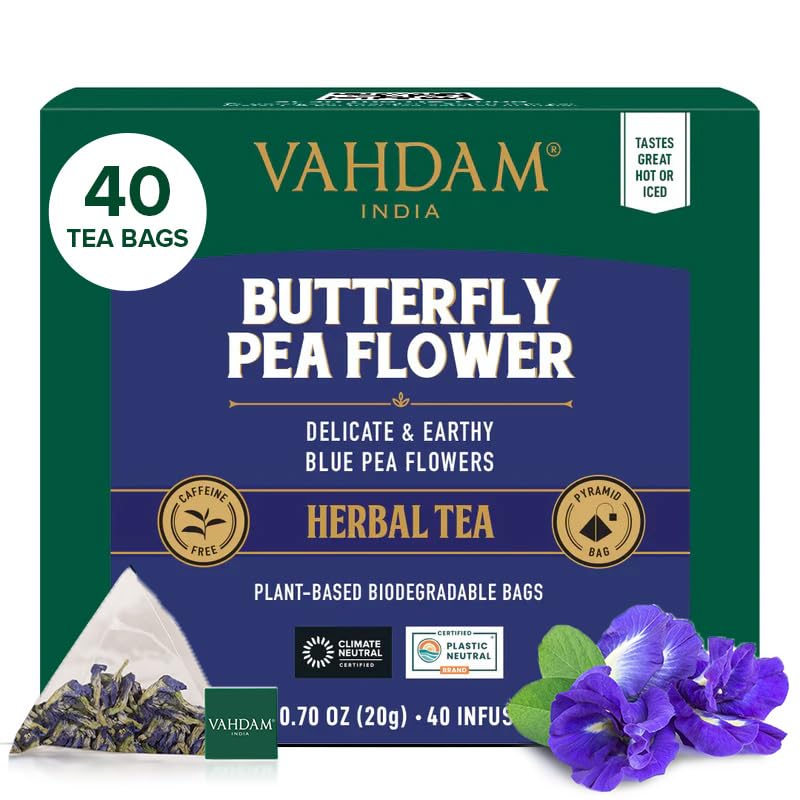 VAHDAM Butterfly Pea Flower Tea Bags - Vegan, Non-GMO, 40 Pyramid Teabags, Biodegradable for Iced Tea, Cooking & Cocktails