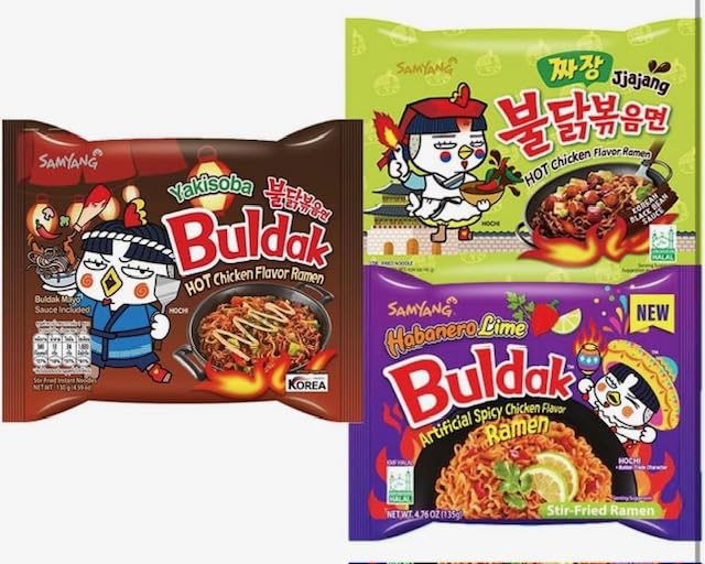 Samyang Buldak Hot Spicy Chicken Ramen Noodle Korean Stir-Fried Ramen (11, 2 Cream Carbonara, 2 Habanero Lime, 2 Tom Yum, 1 Carb