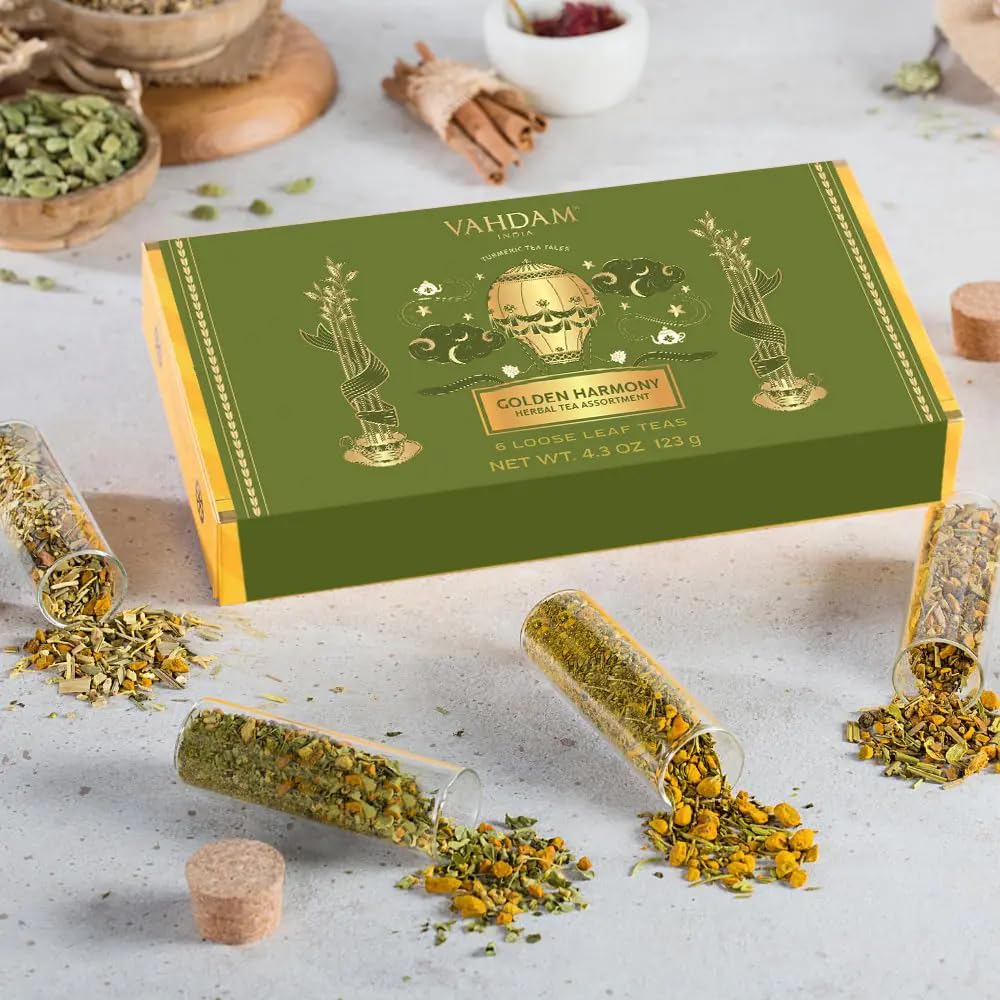 Vahdam, Limited Edition - Turmeric Herbal Wellness Tea Gift Set - 6 Oprahs Favourite Turmeric Herbal Blends In Gift Box | Gluten Free, Non Gmo | Gifts For Him/Her | Tea Gifts For Men & Women