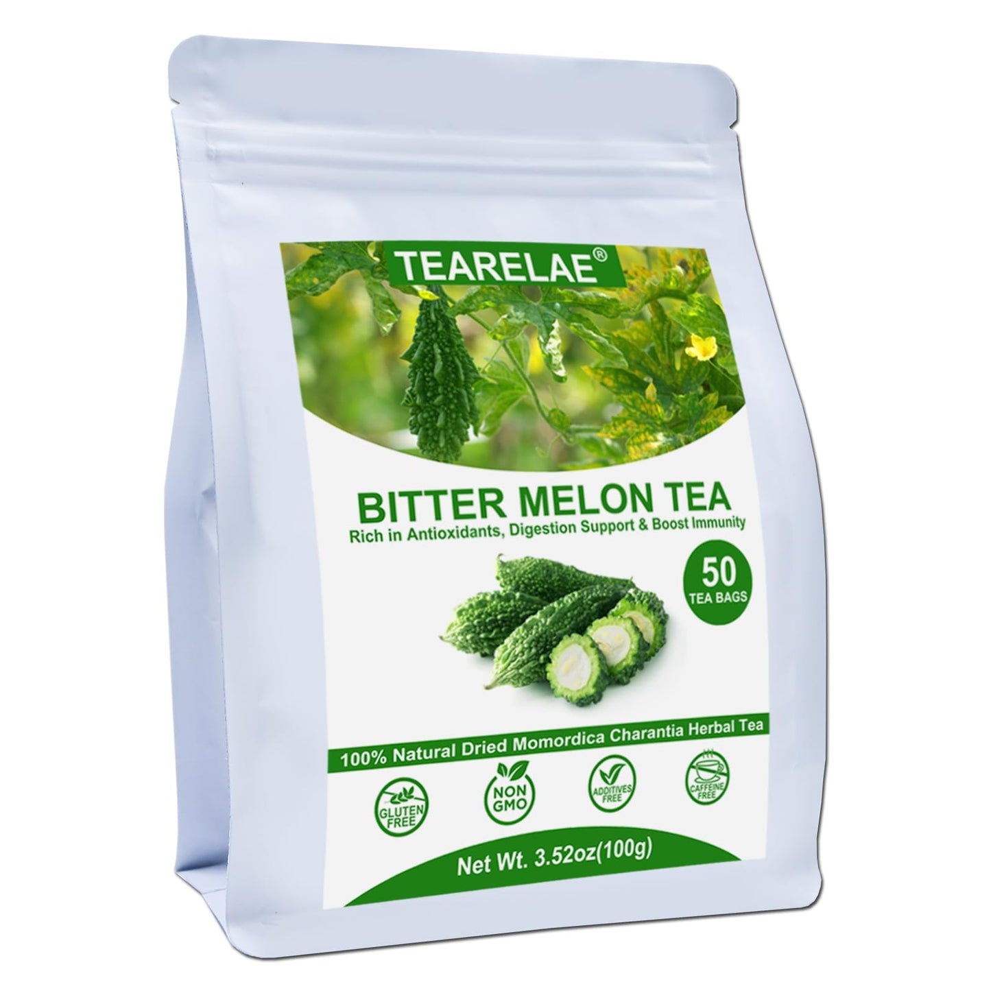 Tearelae - Bitter Melon Tea Bags - 2G X 50 Count - 100% Pure Natural Cut & Sifted Dried Momordica Charantia Slices Herbal Tea - Non-Gmo - Caffeine-Free - Pleasantly Bitter Flavor