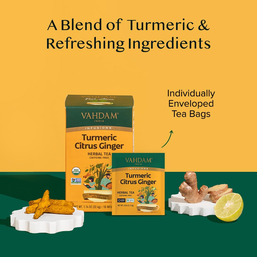 VAHDAM Organic Turmeric Citrus Ginger Herbal Tea - Caffeine Free, Gluten Free, 18 Count, Eco-Friendly Individually Wrapped Bags