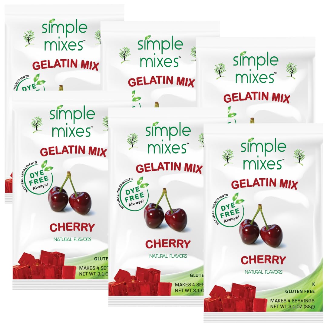 Simple Mixes Natural Gelatin Dessert, Cherry, Healthy Snack, Dye-Free, No Gluten or Fat, Kosher, 6 Pack