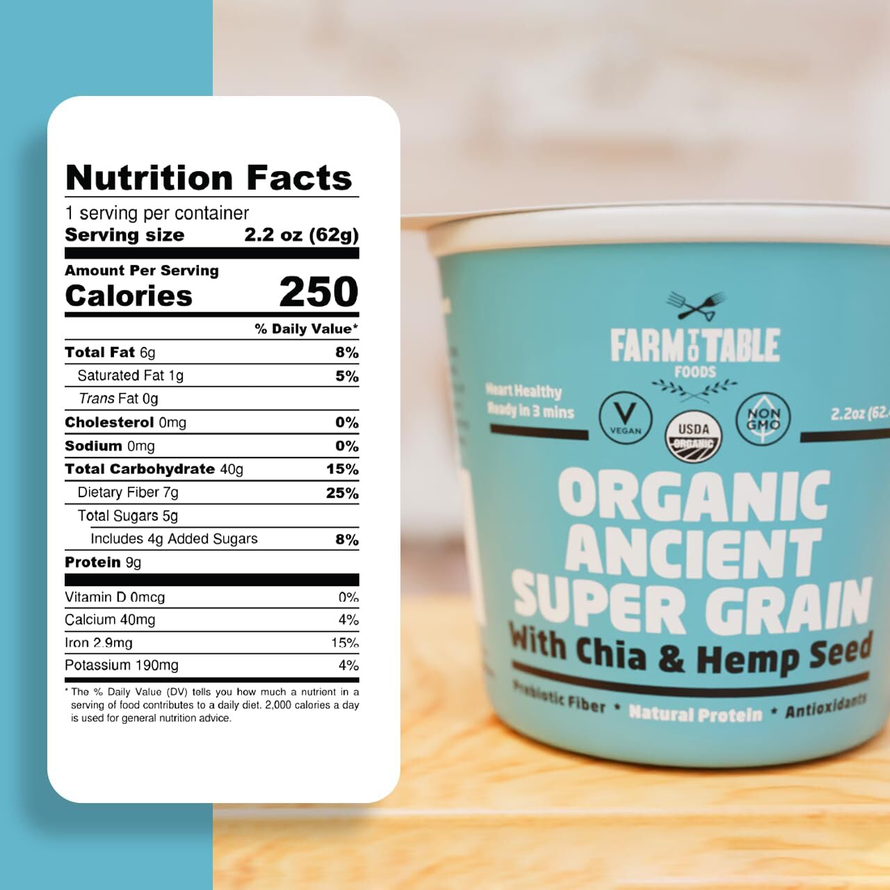 Farm To Table Foods Organic Ancient Super Grain Oatmeal Individual Serving Cups, Variety Pack - High Protein, Non-Gmo, 12 Pack (