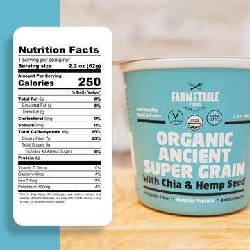 Farm To Table Foods Organic Ancient Super Grain Oatmeal Individual Serving Cups, With Chia And Hemp Seed - High Protein, Non-Gmo