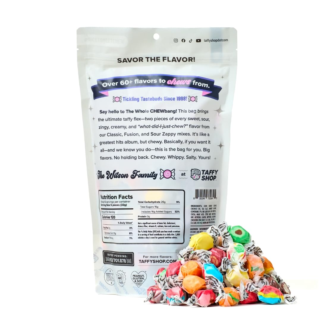 Taffy Shop, The Whole Chewbang, Assortment Of 60+ Flavors -Salt Water Taffy– Gourmet Soft Chewy Candy, Bulk Sweet Snack, Fresh Gift & Gluten-Free, 140 Individually Wrapped Pieces (32Oz)