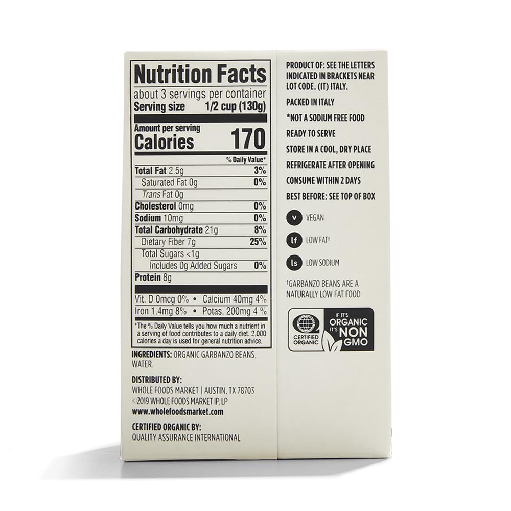 365 by Whole Foods Market Organic Unsalted Garbanzo Beans, 13.4 Ounce - Healthy Plant-Based Protein, Non-GMO, Vegan, Gluten-Free