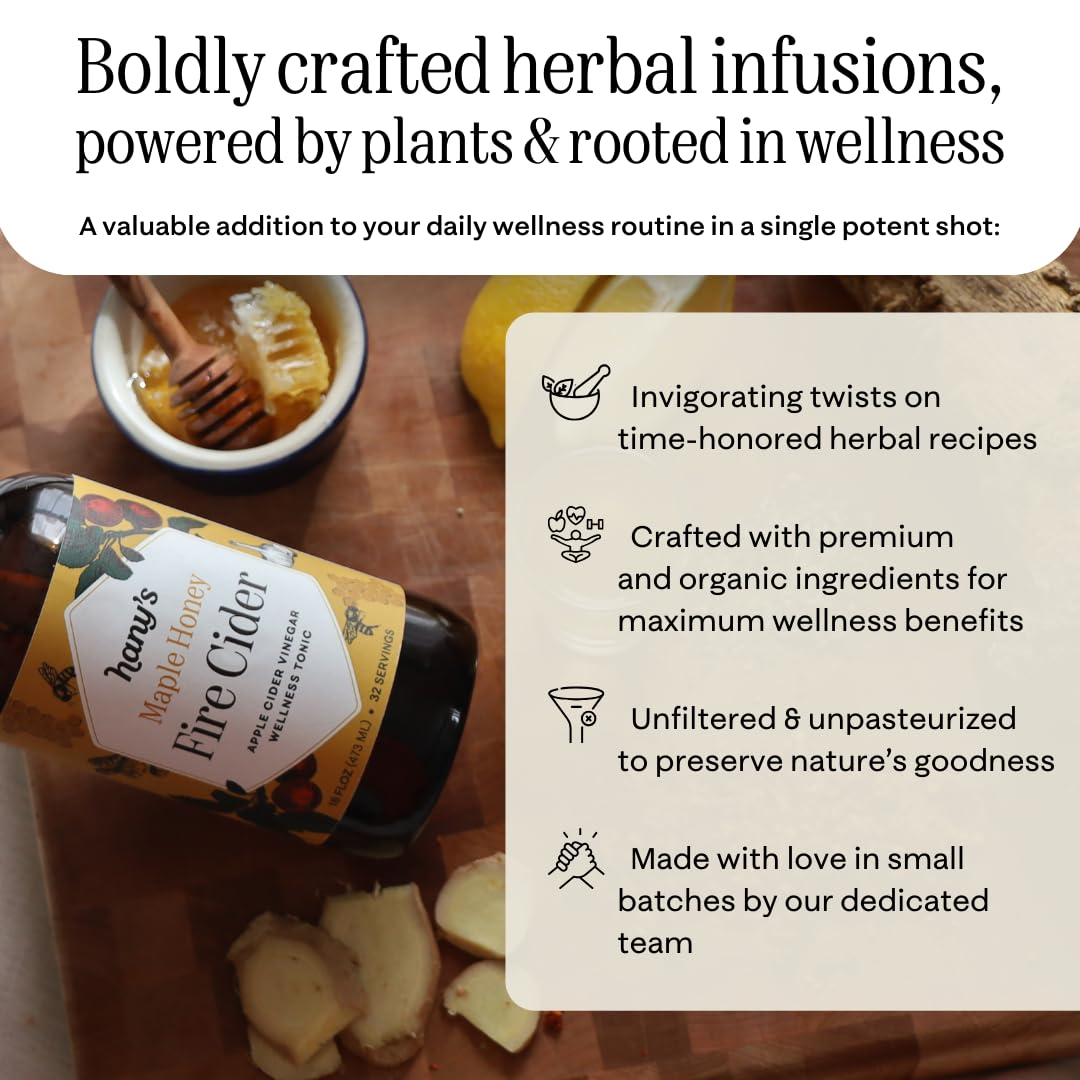 Hanys Harvest Maple Honey Fire Cider - All Natural Wellness Tonic, 32 oz, Gluten-Free, Small-Batch, Handcrafted