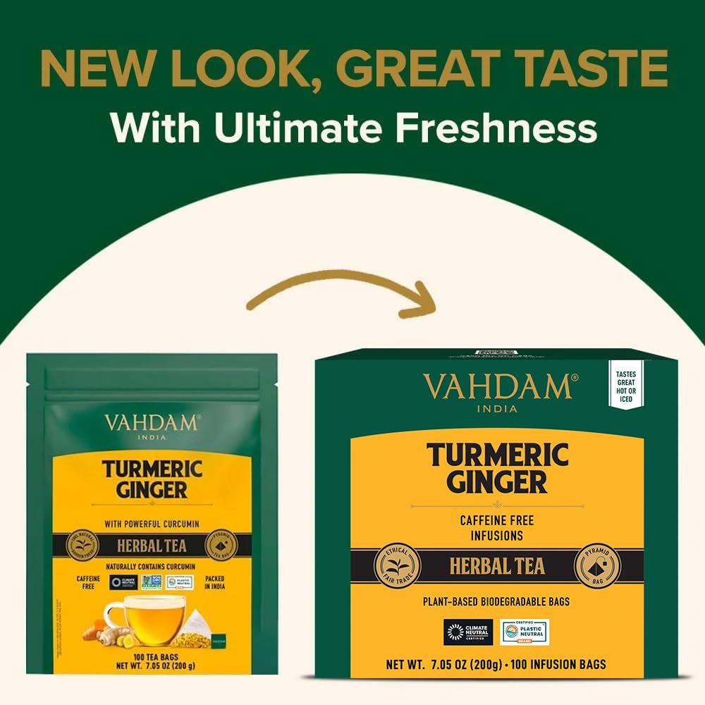 VAHDAM Organic Turmeric Ginger Herbal Tea Bags - 100 Count, Caffeine Free, Non-GMO, Savory & Spicy, Plant-Based Teabags