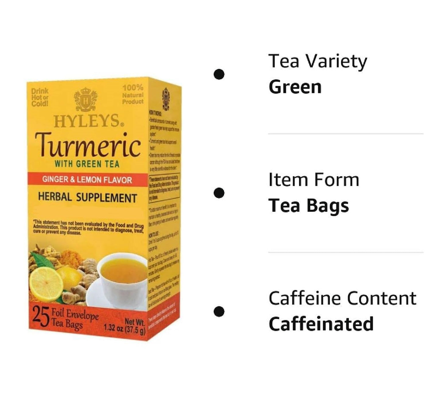 HYLEYS Turmeric Green Tea with Ginger & Lemon - Natural Antioxidant Blend - 25 Count Tea Bags