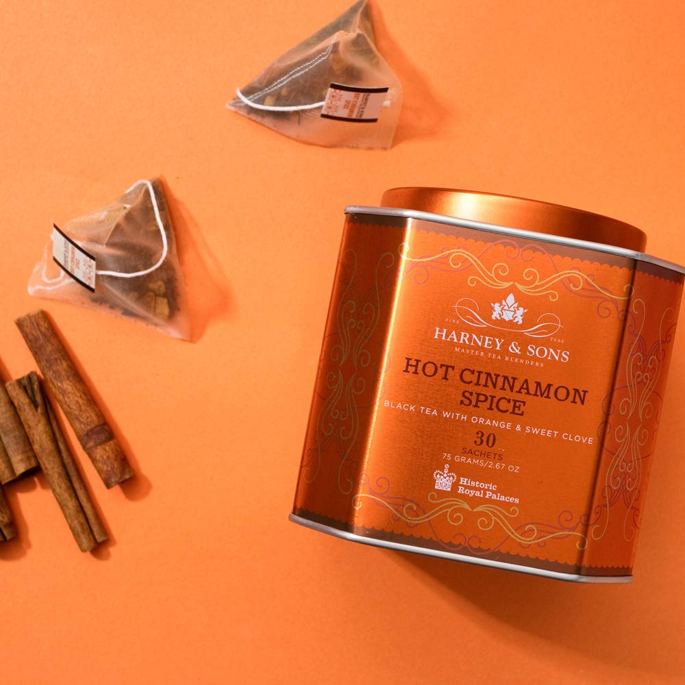 Harney & Sons Hot Cinnamon Spice Tea Tin - Black Tea With Orange & Sweet Clove - 2.67 Ounces, 30 Sachets