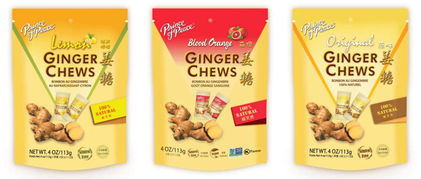 Prince Of Peace Ginger Chews Variety Pack 4Oz - Flavors Original, Lemon, Blood Orange, 100% Natural, Non-Gmo, Vegan And Gluten-F