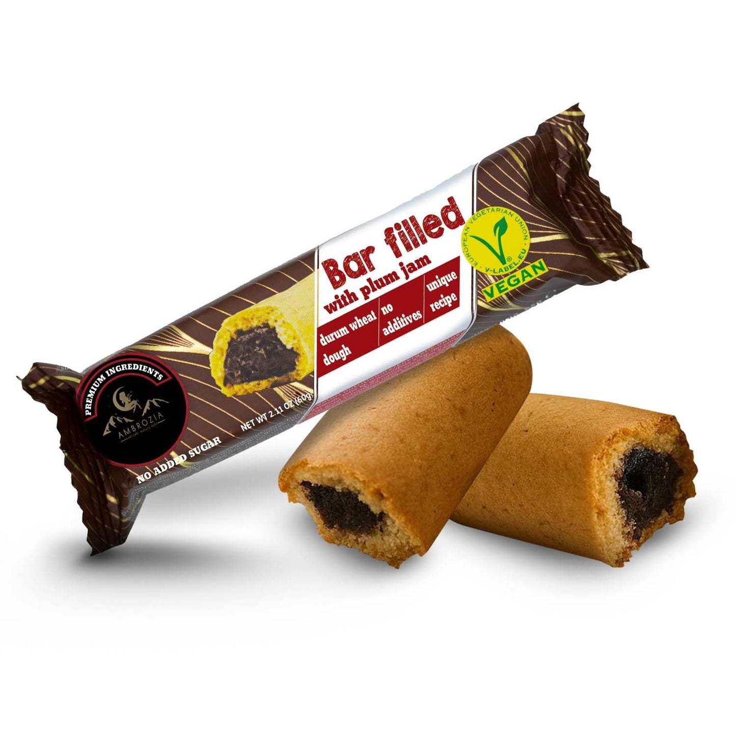 AMBROZIA Vegan Snack Bars – Plum-Filled, Clean-Label, No Added Sugar, 5 x 60g Individually Wrapped