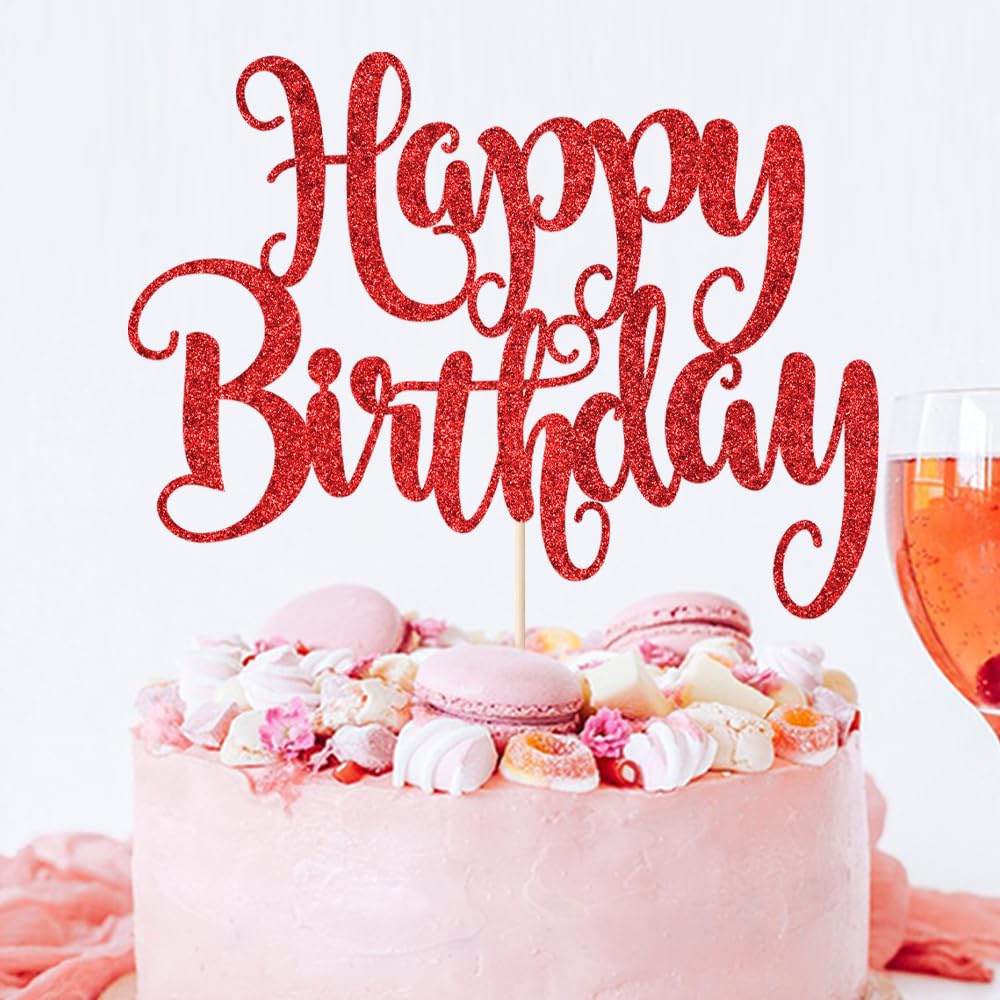 Fmiyuneea Happy Birthday Cake Topper- Glitter Happy Birthday Cake Decor, Handmade Anniversary/Birthday Party Supplies (Red)
