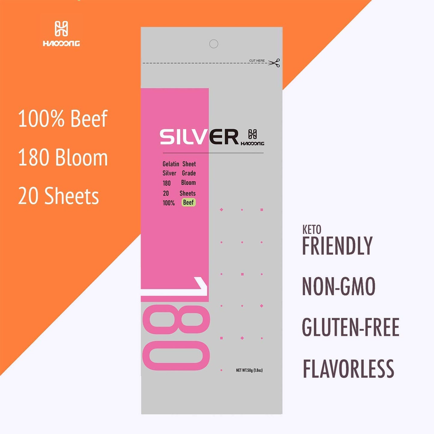 HAODONG Beef Silver Leaf Gelatin Sheets - 180 Bloom, 20 Sheets, 50g - Baking and Cooking Gelatin Leaves