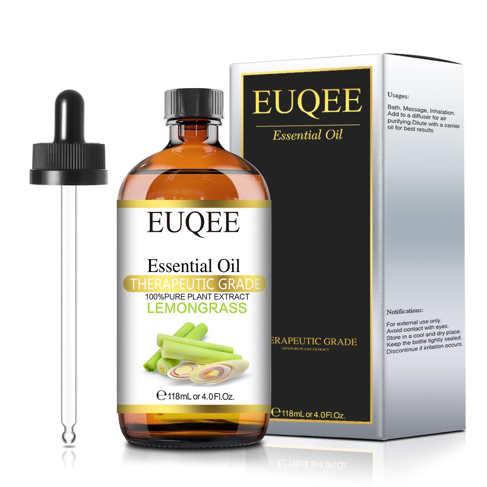 Euqee Lemongrass Essential Oil 118Ml Pure & Natural Lemongrass Oil Premium Essential Oil - With Glass Dropper Perfect For Cleani