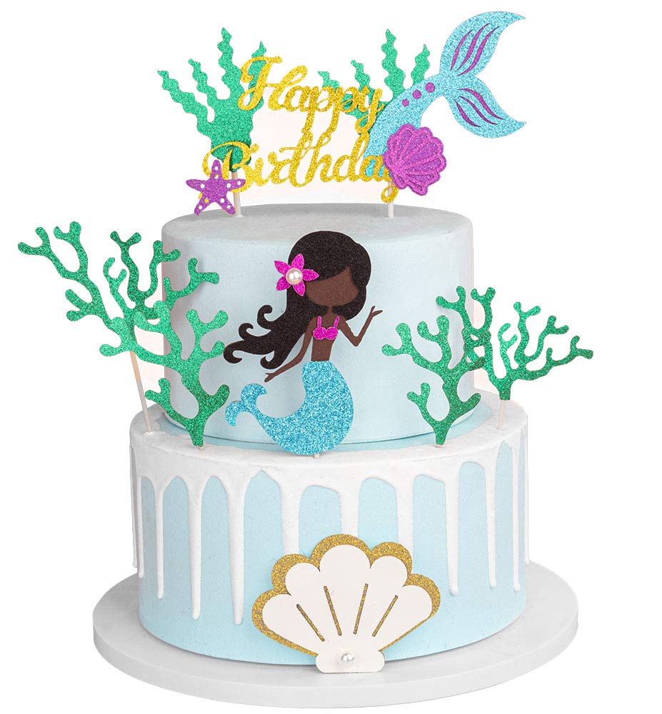 Alissar Glitter Mermaid Theme Birthday Cake Topper With Seaweed And Mermaid, Cake Cupcake Toppers For Girls Mermaid Themed Birth