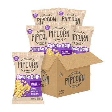 Heirloom White Cheddar Cheese Balls By Pipcorn - 4.5Oz 6Pk - Healthy Snacks, Gluten Free, Heirloom Corn, Baked Not Fried