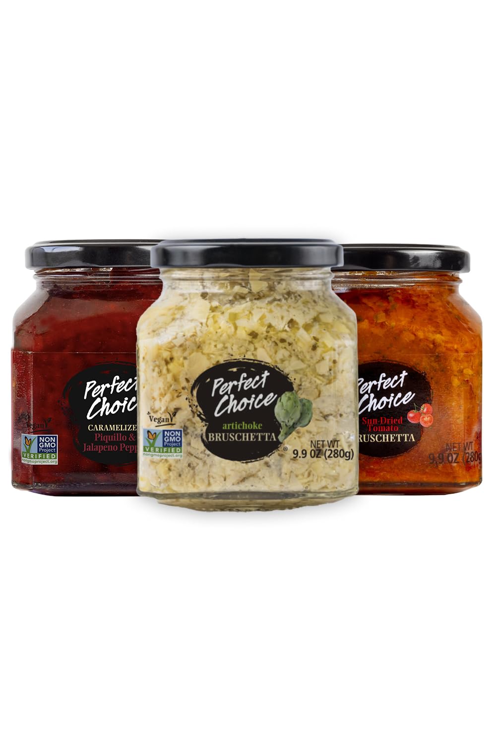 Perfect Choice Variety Pack - Delicious Artichoke Bruschetta, Sun-Dried Tomato Bruschetta & Caramelized Piquillo and Jalapeno pe