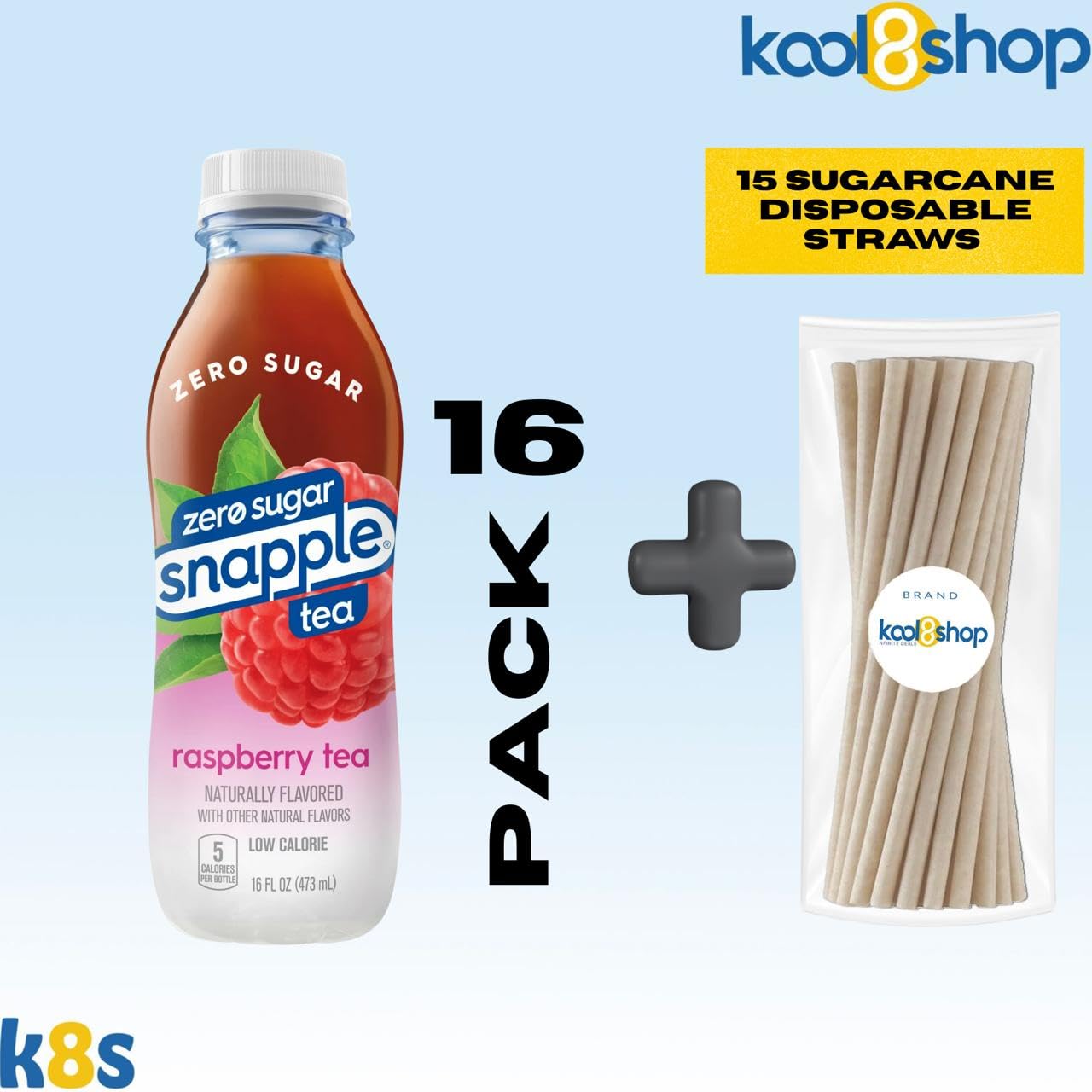 Snapple Zero Sugar Raspberry All Natural Tea 16 Fl Oz Plastic Bottles 16 Pack + 15 Sugarcane Disposable Straws By Kool8Shop Infi