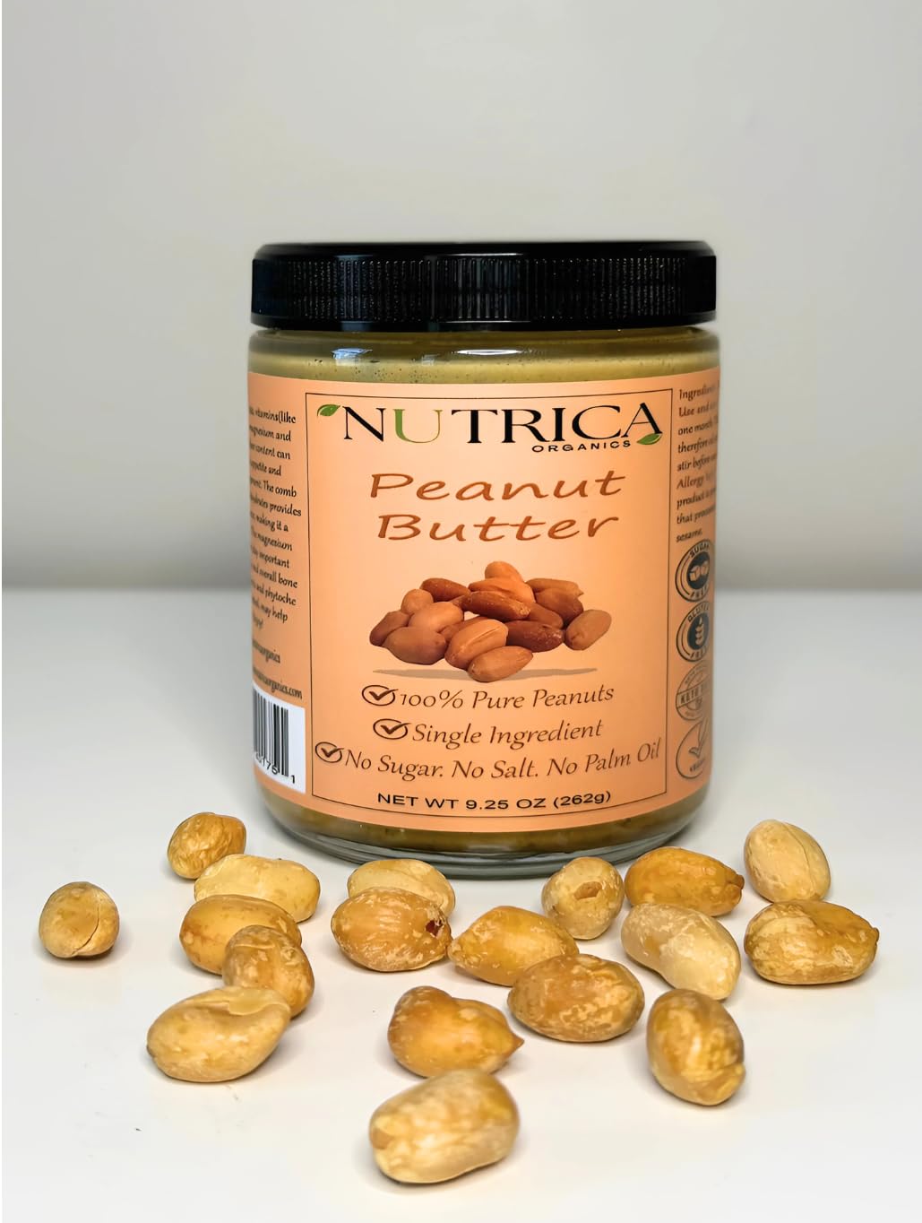 100% Pure Peanut Butter, Single Ingredient, No Salt, No Sugar, No Palm Oil, Glass Jar, Double Sealed, No Additives, Vegan, Plant