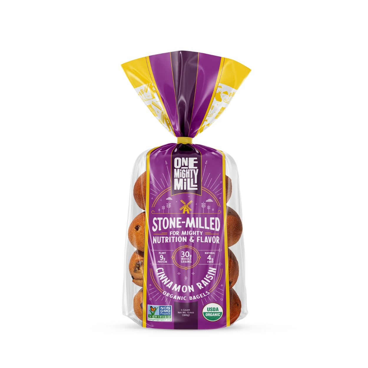 One Mighty Mill Whole Wheat Cinnamon Raisin Bagels, 100% Organic, Fresh-Milled, Stone-Ground Flour - No Preservatives or Artific