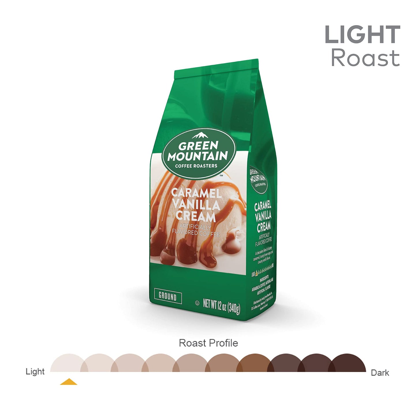 Green Mountain Coffee Roasters, Caramel Vanilla Cream, Ground Flavored Coffee, Light Roast, Bagged 12Oz.