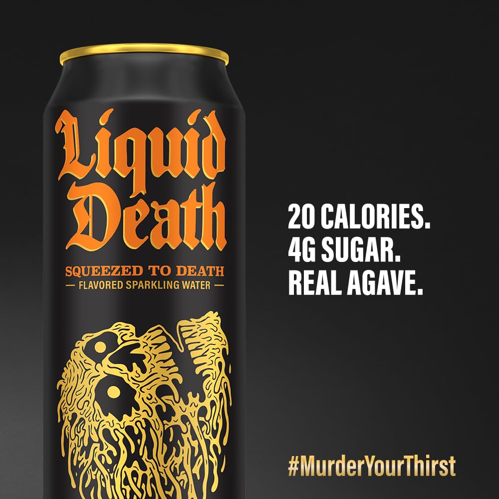 Liquid Death, Squeezed To Death Sparkling Water, 8-Pack (King Size 19.2Oz Cans), Orange Flavored Sparkling Beverage Sweetened Wi