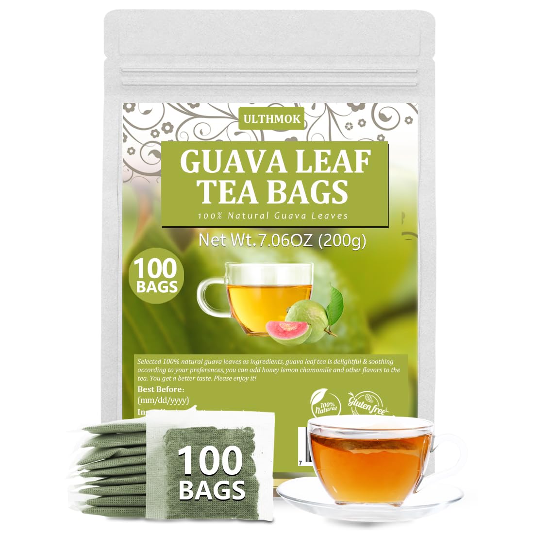 ULTHMOK Premium Guava Leaf Tea Bags - 100% Natural, Caffeine-Free, 100 Count