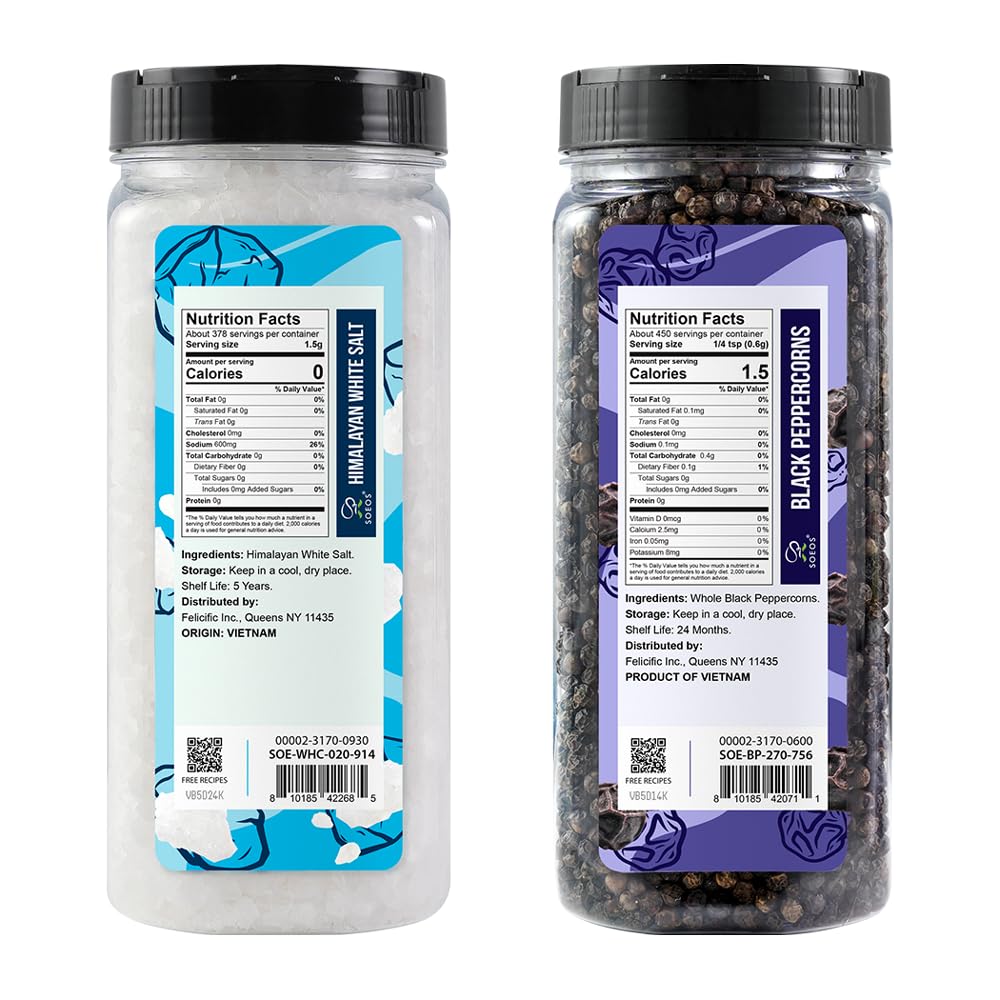 Soeos Himalayan White Salt 20 Oz + Whole Black Peppercorns 9.5 Oz  Coarse Grain  White Sea Salt  Black Peppercorns  Salt and Pepper Grinder Refill  Spice Seasoning Set for Cooking  837g (2 Set)