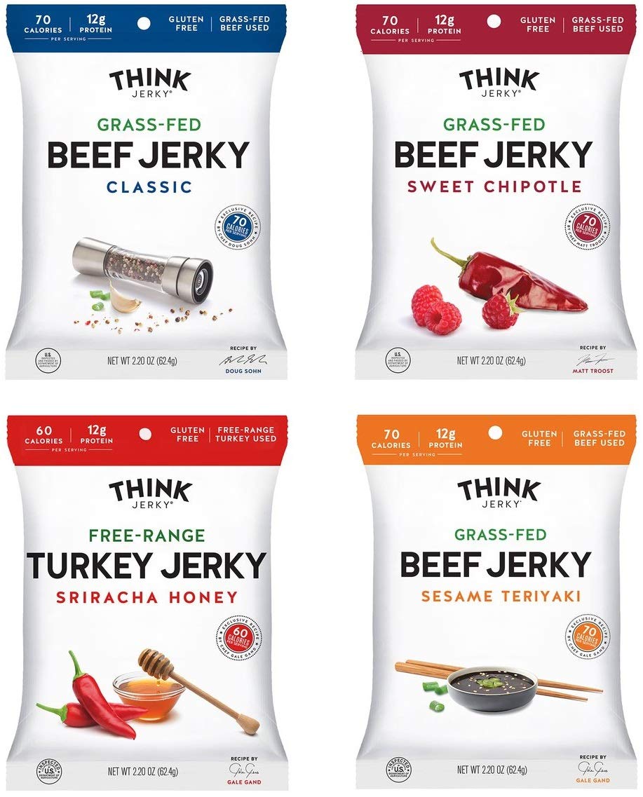 Think Jerky Beef and Turkey Jerky Variety Pack, 2.2 Ounce Bags, Pack of 4, Includes Classic, Sweet Chipotle, Sriracha Honey, Sesame Teriyaki