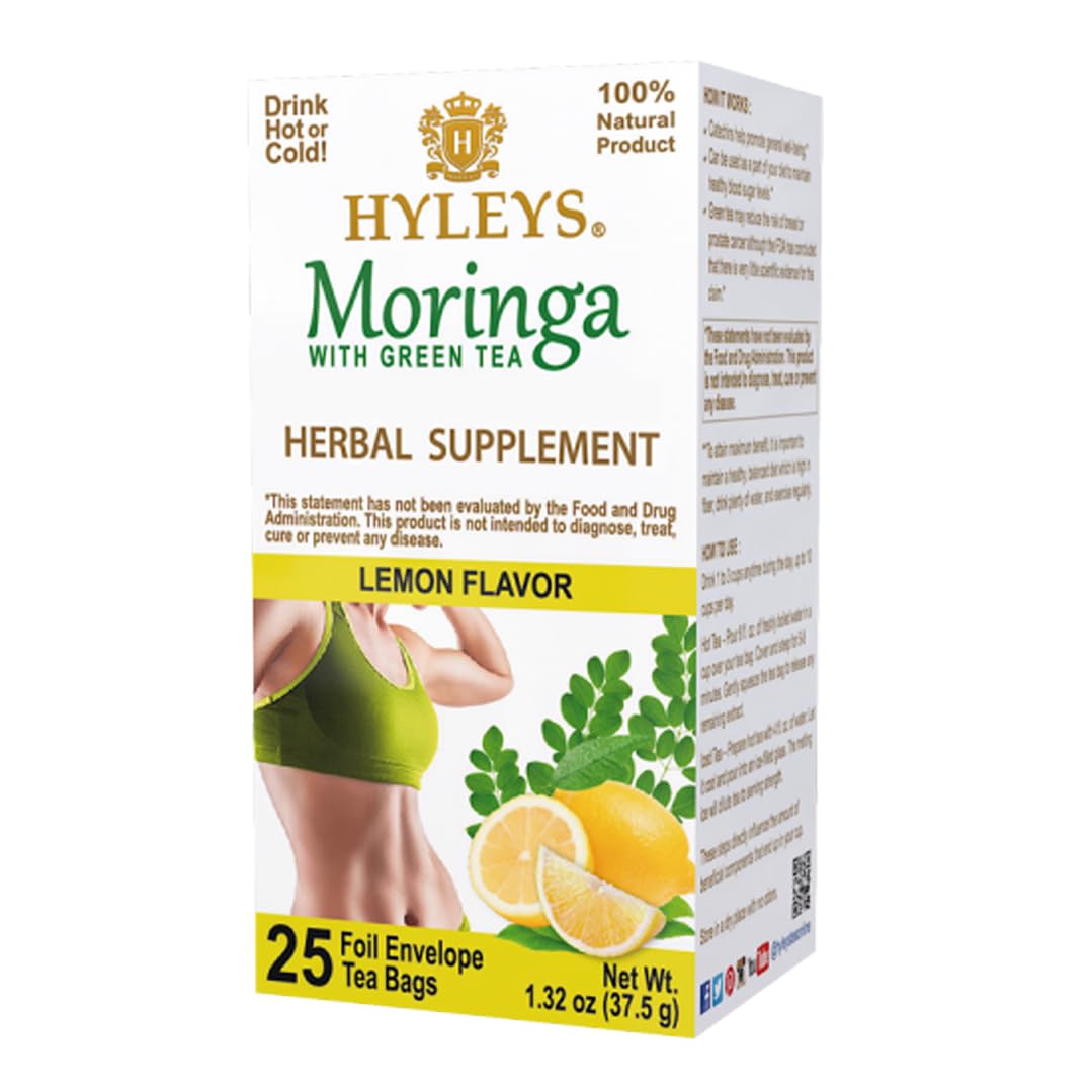 Hyleys Moringa Oleifera and Green Tea Lemon Flavor - 25 Tea Bags - Superfood  Tree Tea with Dried Moringa Oleifera Leaves