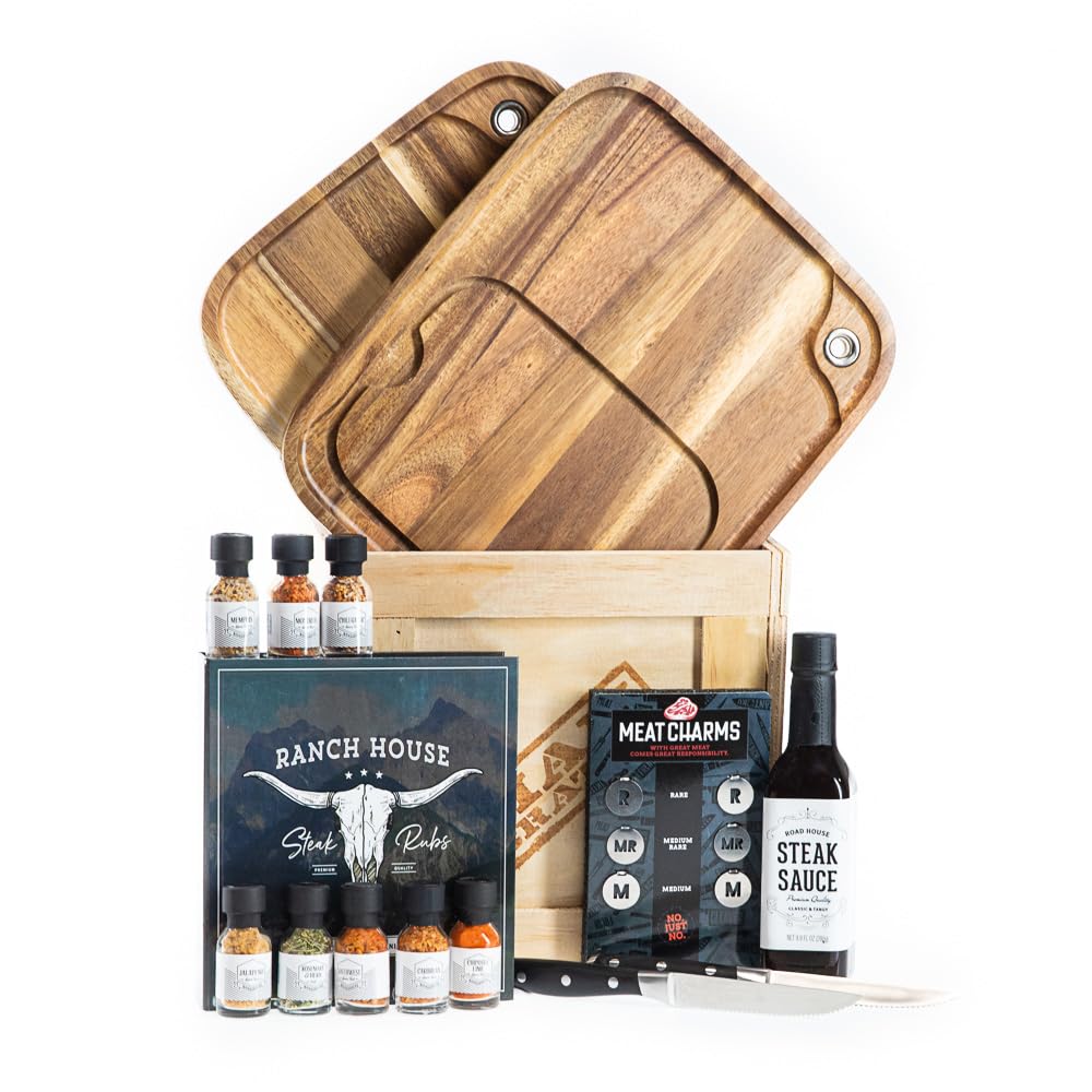 Man Crates Steak Night Crate – Solid Wood Steak Plates, Stainless Steel Cutting Tool, Steak Charms, Seasonings & Sauces – Ultimate Steak Gift Set