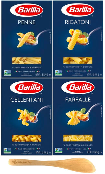 Barilla Pasta, Penne, Rigatoni, Cellentani, and Farfalle, 16 Ounce (Pack of 4) - with Make Your Day Mini Bamboo Spatula