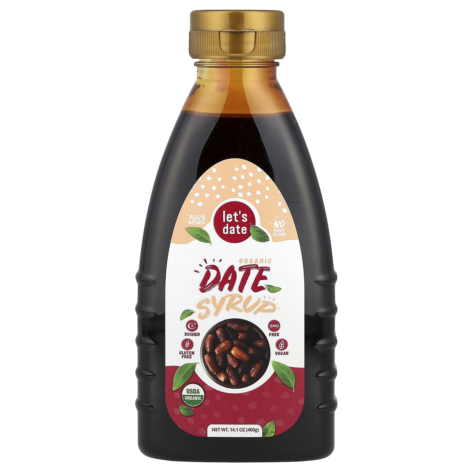 lets date Organic Date Syrup, Healthier Sugar Substitute, Vegan, 14.1 oz Squeezable Bottle