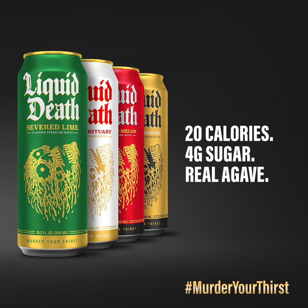 Liquid Death, Flavored Sparkling Water Variety Pack (Lime, Mango, Melon, And Cherry), 12-Pack (King Size 19.2Oz Cans), Flavored
