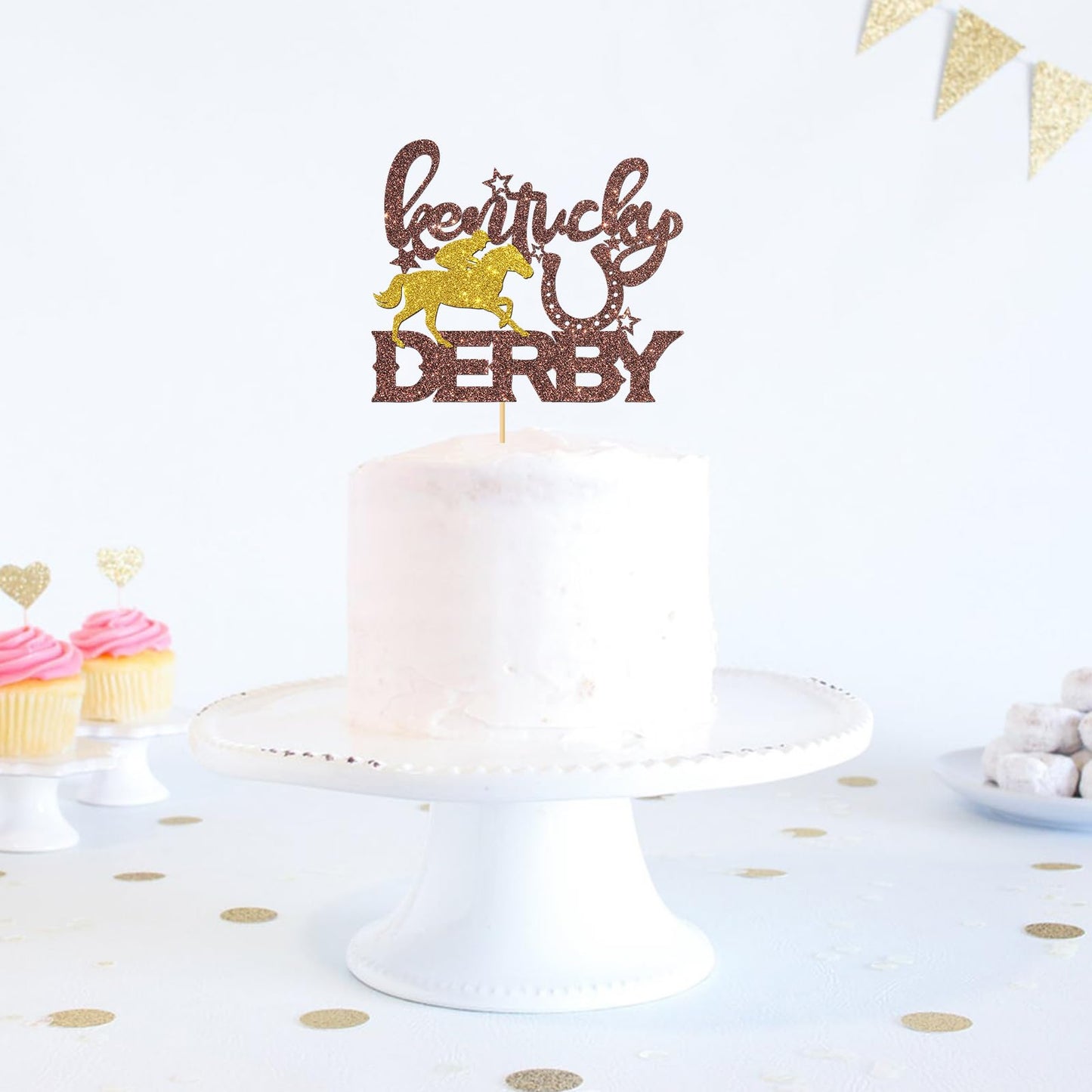 Maicaiffe Derby Cake Topper, Racing Horse Theme Decorations, Brown Glitter, Paper, Ideal for Birthday Party Supplies