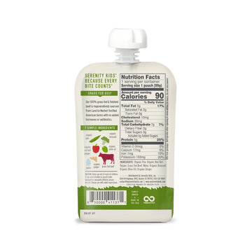 Serenity Kids 6+ Months Baby Food Puree Pouches With Ethically Sourced Meat & Organic Veggies - Grass Fed Beef, Pea, Bell Pepper